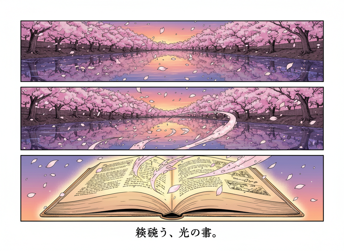 Open book transforming into cherry blossom petals