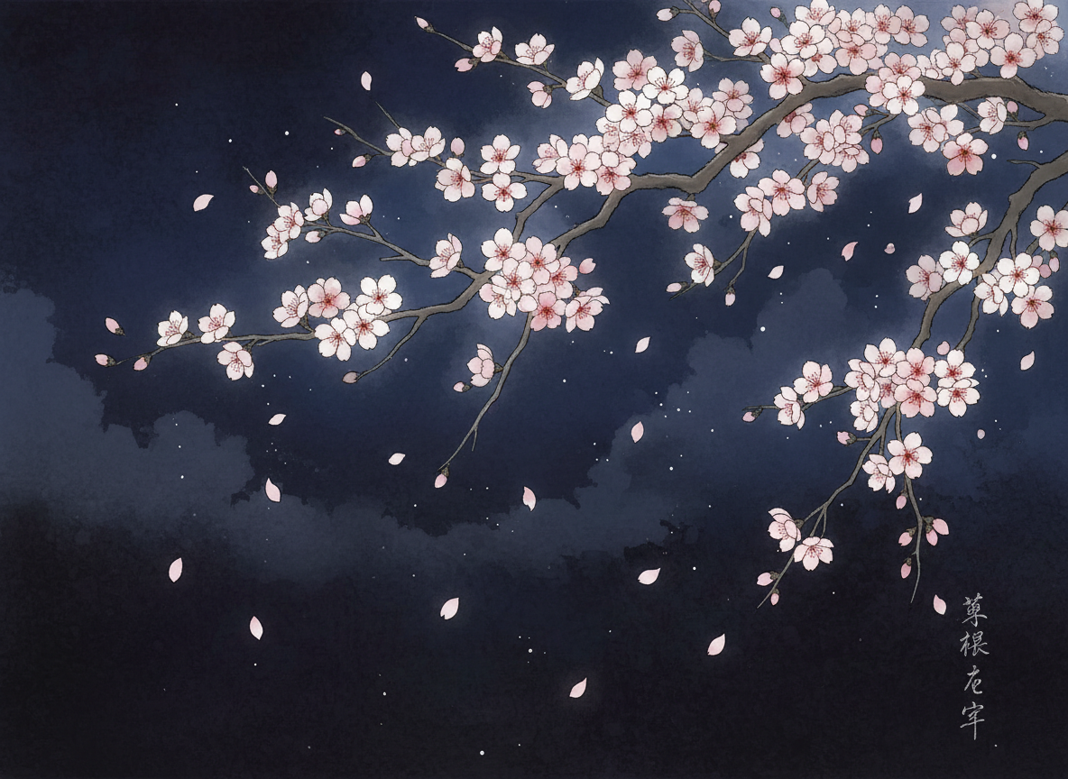 Manga-style cherry blossom branches at night