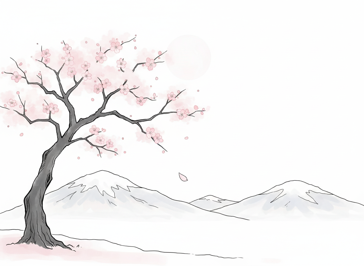 Manga-style single cherry blossom tree in winter